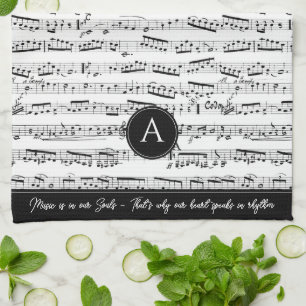 Black & white Musical Notes Custom Monogram Music Tea Towel
