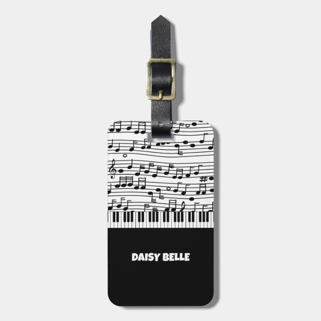 Black & White Musical Notes Luggage Tag (Front Vertical)