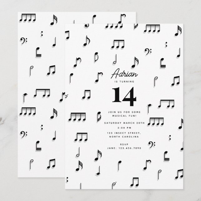 Black & White Musical Notes Symbol Birthday Party Invitation (Front/Back)