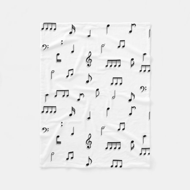 Black & White Musical Notes Symbol Pattern Fleece Blanket (Front)