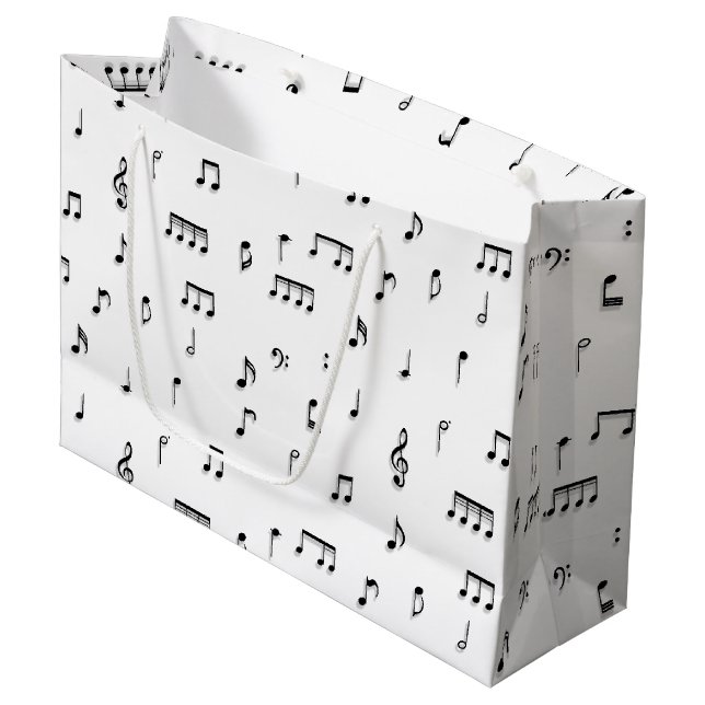 Black & White Musical Notes Symbol Pattern Large Gift Bag (Front Angled)