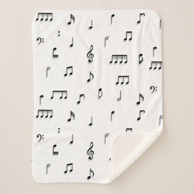 Black & White Musical Notes Symbol Pattern Sherpa Blanket (Front)