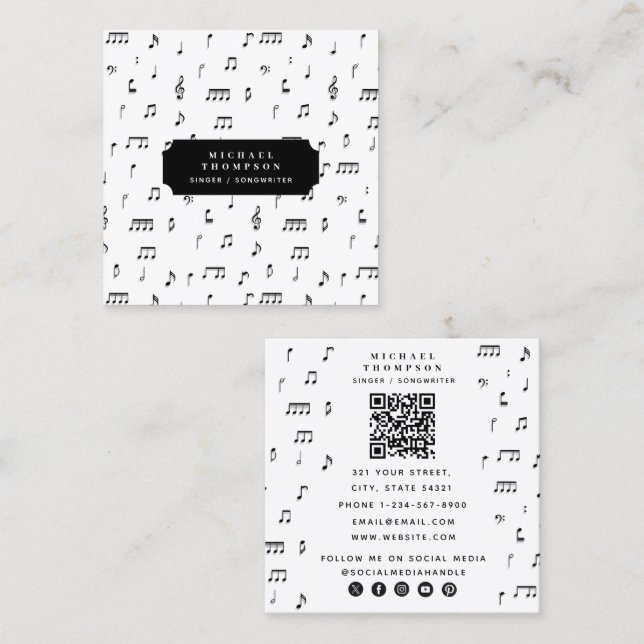 Black & White Musical Notes Symbol QR Code Square Business Card (Front/Back)