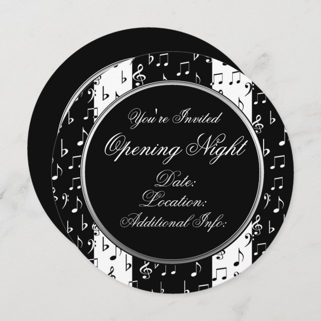 Black & White Musical Stripes Round Invitation (Front/Back)