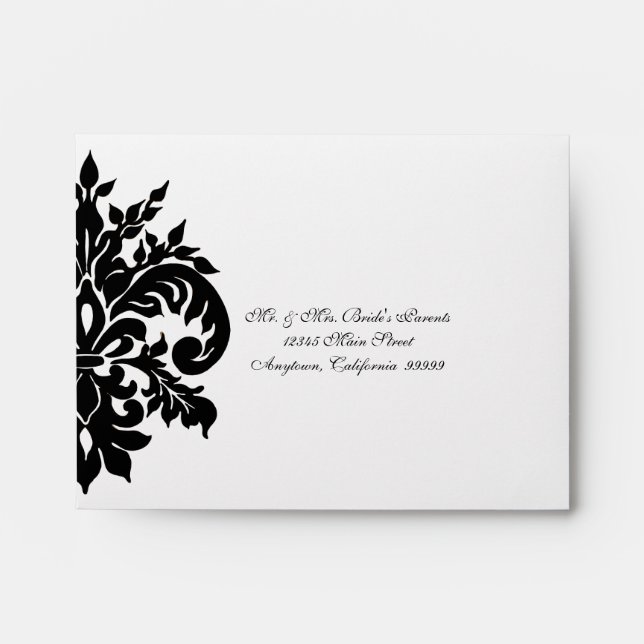 Black, White n Lime, Fleur de Lis Damask Wedding Envelope (Front)