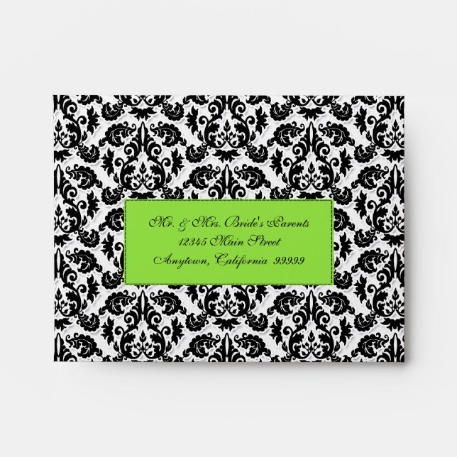 Black, White n Lime, Fleur de Lis Damask Wedding Envelopes (Front)