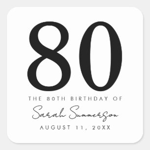 Black White Name Date Eighty 80th Birthday Party Square Sticker