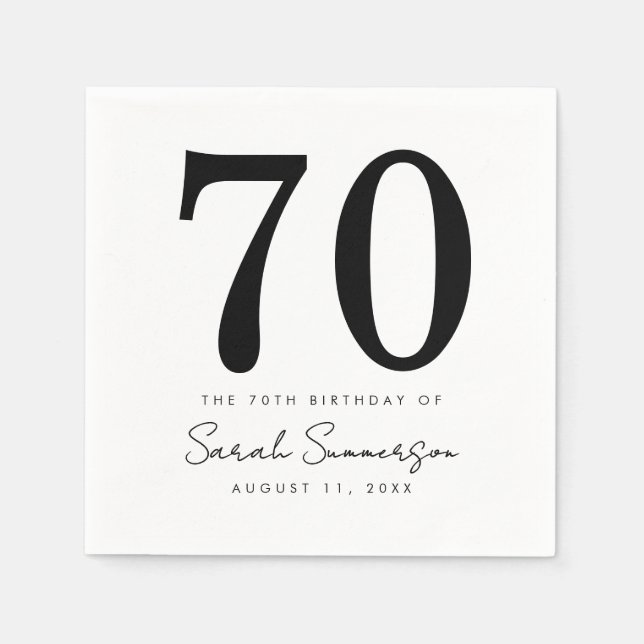 Black White Name Date Seventy 70th Birthday Party Napkin (Front)