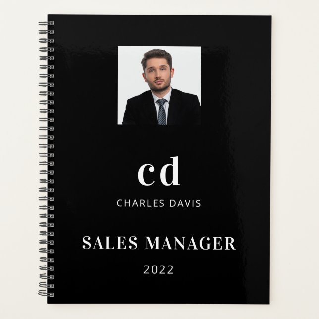 Black white name initials photo business planner (Front)