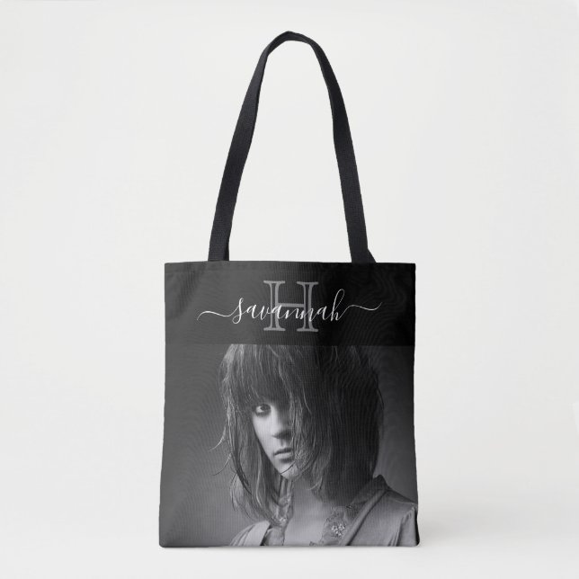 Black white name monogram initial script photo tote bag (Front)