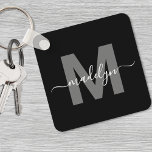 Black White Name Monogram Key Ring<br><div class="desc">Create Your Own Stylish Modern Custom Black and White Monogram Square Keychain. This sleek square keychain adds a modern and personalised touch to your everyday essentials. The design features a bold grey monogram initial centred on a solid black background, with your name in elegant white script layered across it. The...</div>