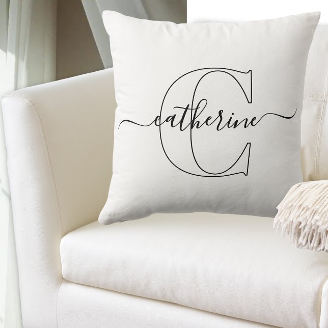 Black White Name Monogram Modern Script Minimalist Cushion (Custom First Initial Name Minimalist Black Script Throw Pillow)