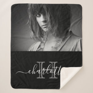 Black white name monogram photo sherpa blanket