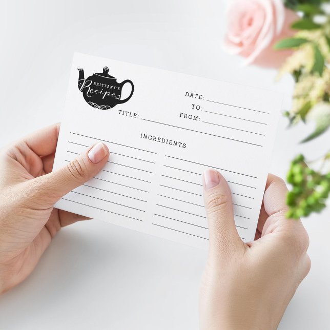 Black & White Name Monogram Tea Pot Recipe Card (Creator Uploaded)