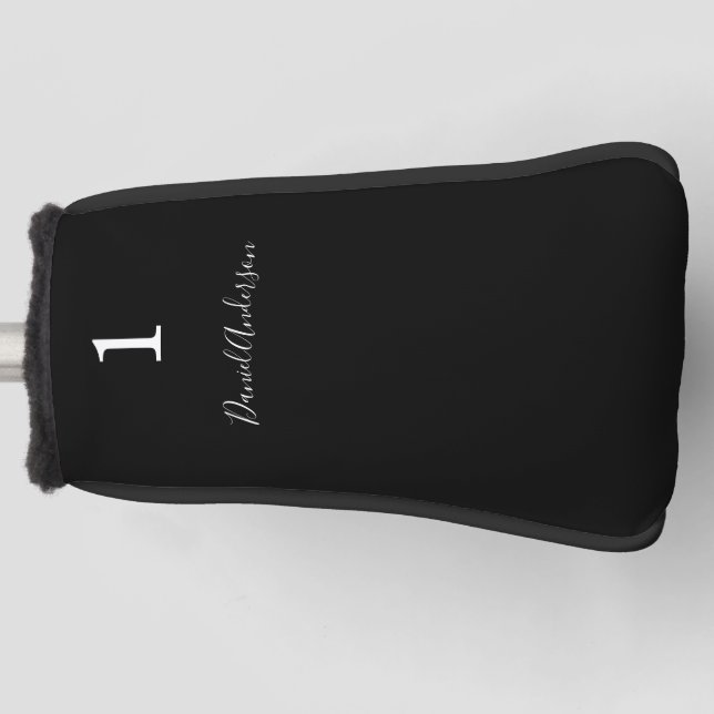 Black white name number script golf head cover (Front)