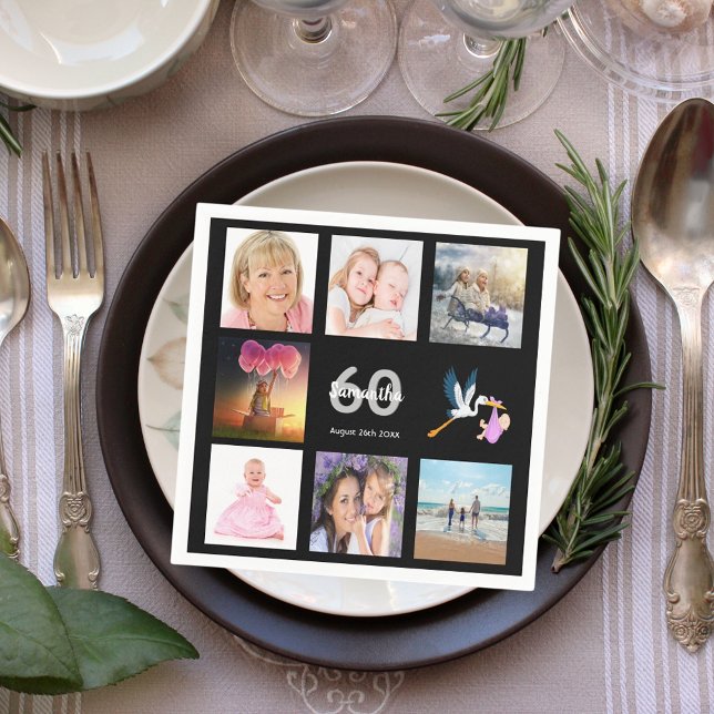 Black white name photo collage 60th birthday napkin (Creator Uploaded)