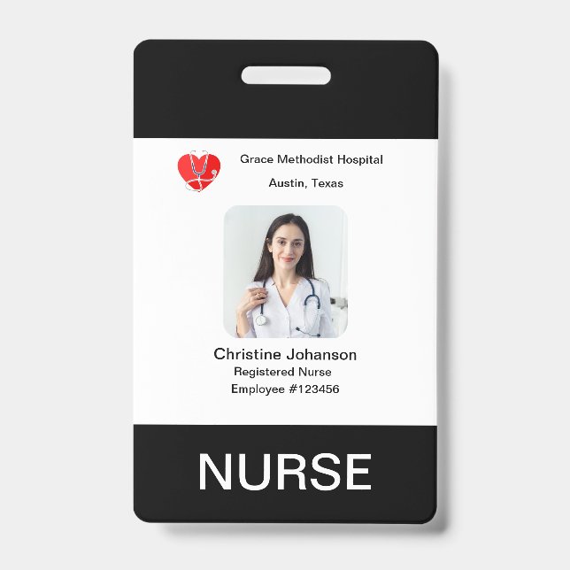 Black & White Name, Photo, info, logo, barcode  ID Badge (Front)