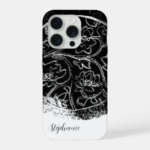 Black white name script line art floral graphic iPhone 15 pro case
