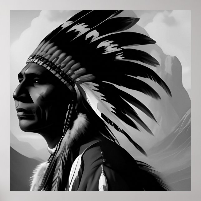 Black White Native American Indian Man Monochrome Poster (Front)