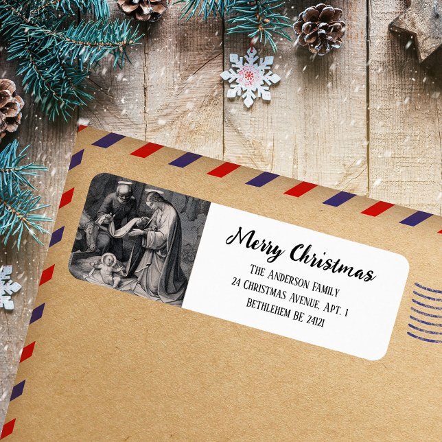 Black White Nativity Christian Catholic Christmas (Black and White Simple Modern Nativity Scene Religious Christian Catholic Christmas Address Label)