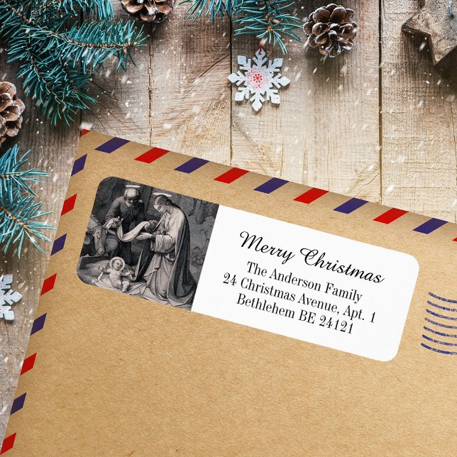 Black White Nativity Christian Catholic Christmas (Black and White Vintage Nativity Scene Religious  Christian Catholic Christmas Return Address Label)