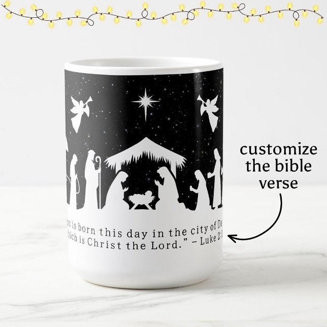 Black White Nativity Scene Custom Bible Verse Coffee Mug (Creator Uploaded)