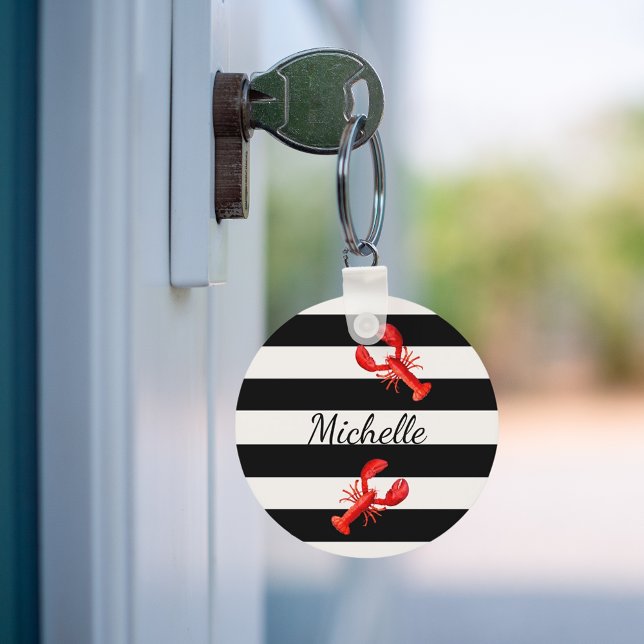 Black White nautical stripes red lobsters monogram Key Ring (Creator Uploaded)