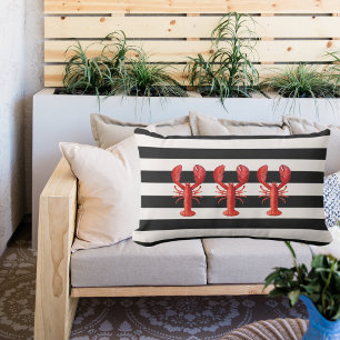 Black white nautical stripes red lobsters outdoor cushion