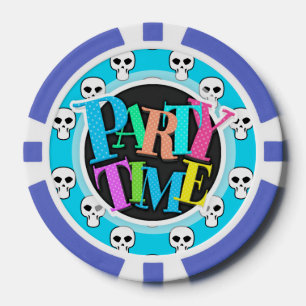 Black, White, Neon Blue Skulls Pattern Poker Chips