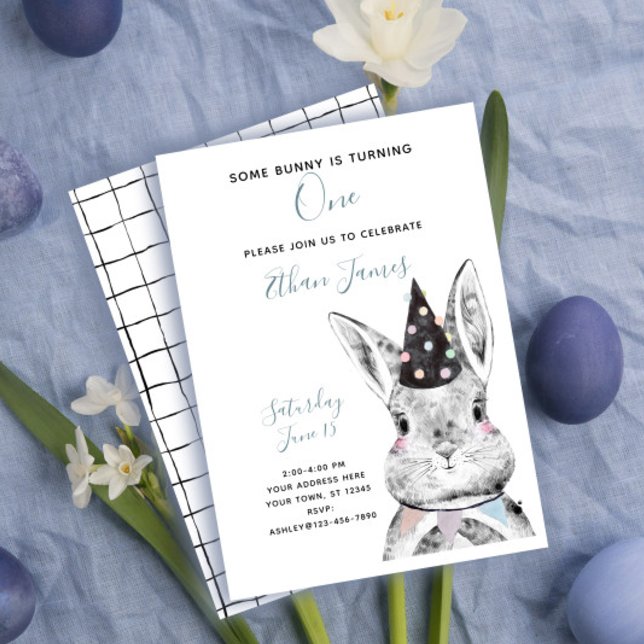 Black & White Neutral Some Bunny is One Birthday Invitation (Creator Uploaded)