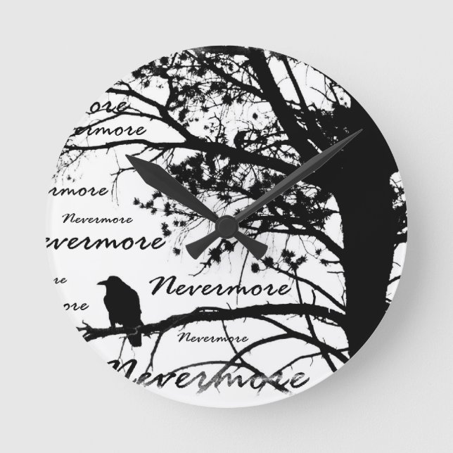 Black & White Nevermore Raven Silhouette Round Clock (Front)