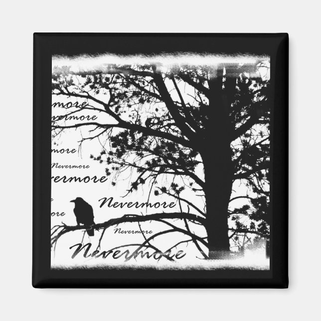 Black & White Nevermore Raven Silhouette Tree Magnet (Front)