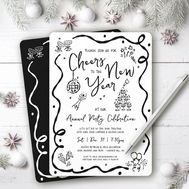 Black White New Year Cheer Hand Drawn Doodle Party Invitation (Creator Uploaded)