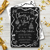 Black White New Year Cheer Hand Drawn Sketch Party