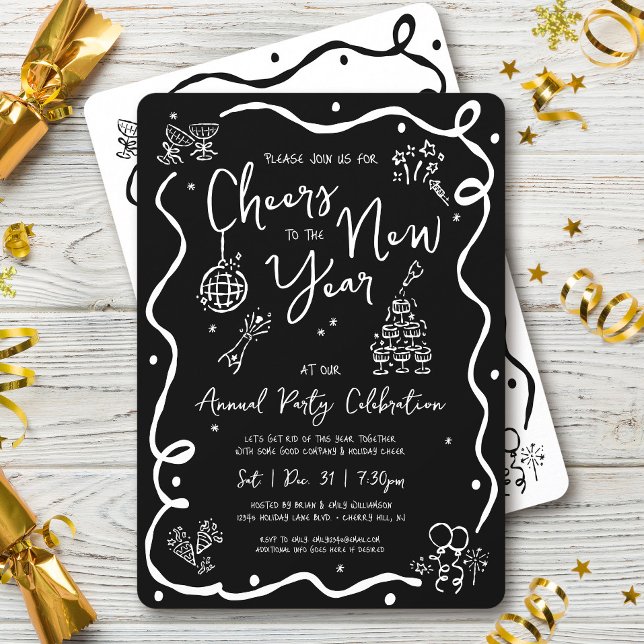 Black White New Year Cheer Hand Drawn Sketch Party Invitation (Creator Uploaded)