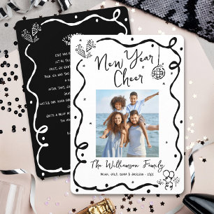 Black White New Year Cheer Photo Hand Drawn Doodle Holiday Card