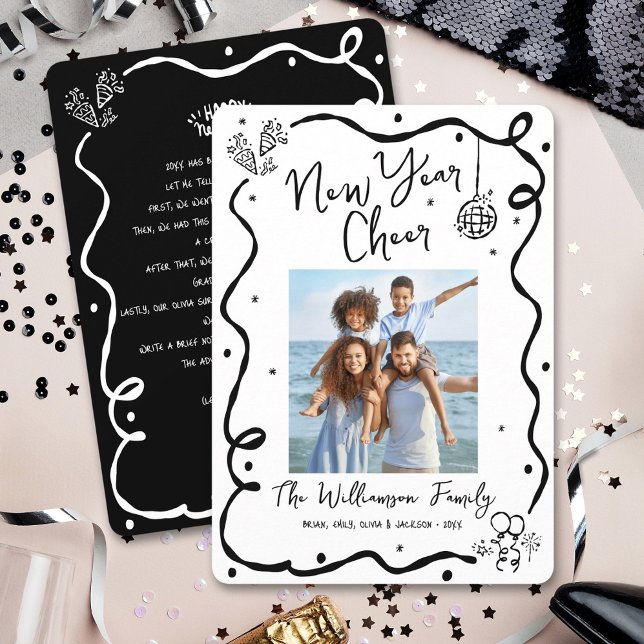 Black White New Year Cheer Photo Hand Drawn Doodle Holiday Card (Creator Uploaded)