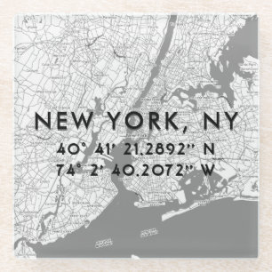 Black & White New York City Map Custom Coordinates Glass Coaster