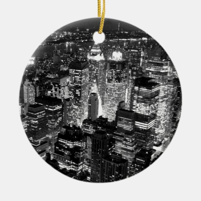 Black & White New York City Night Skyline Ceramic Tree Decoration (Front)