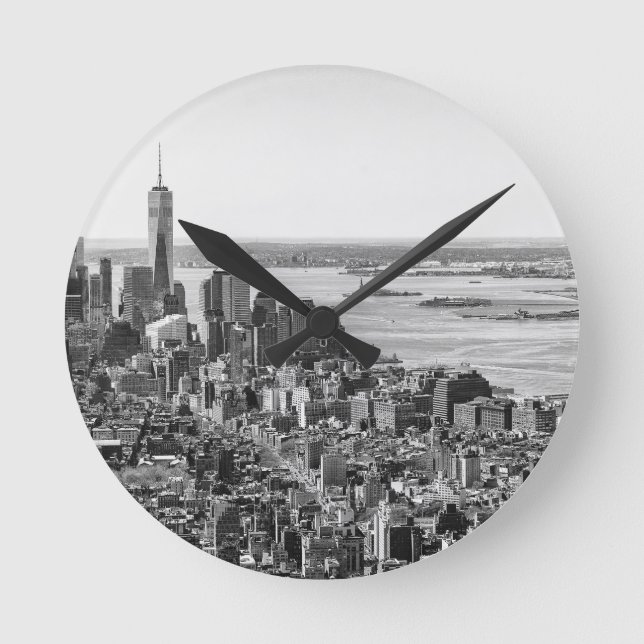 Black White New York City Skyline Round Clock (Front)