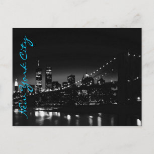 Black White New York Night Blue Script Postcard