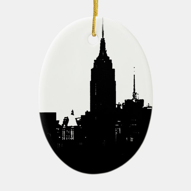 Black White New York Silhouette Ceramic Tree Decoration (Front)