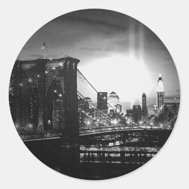 Black & White New York Skyline Classic Round Sticker (Front)