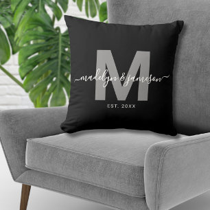 Black White Newlywed Couple Name Monogram Cushion