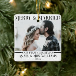 Black & White Newlyweds Mr & Mrs 1 Photo Christmas Ceramic Ornament<br><div class="desc">An elegant and chic minimalist ornament for newlyweds . With A chic unique typewrite of Merry And Married and the Our First Christmas As Mr. And Mrs. Which can be customised to write anything of your choice . And the photo is also customisable . so Grab this wonderful ornament and...</div>