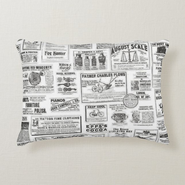 black & white newspaper printed accent pillow (Front)