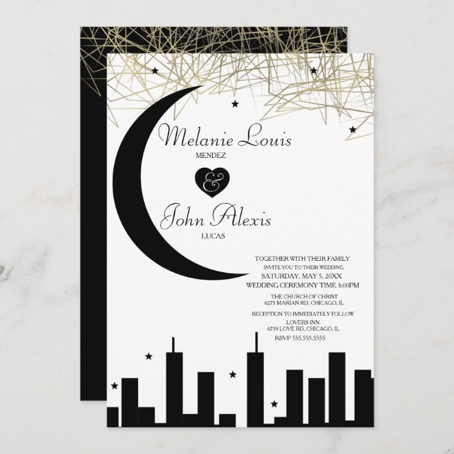 Black White Nightime Skyline Foil Wedding Invitation (Front/Back)