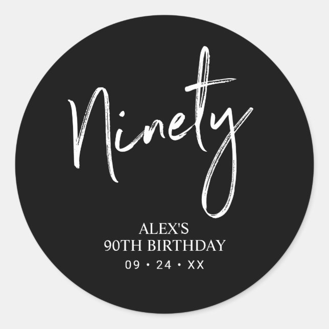 Black & White Ninety 90th Birthday Party Favour Classic Round Sticker (Front)