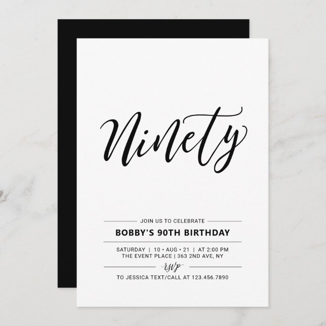 Black & White Ninety Minimal 90th Birthday Party Invitation (Front/Back)
