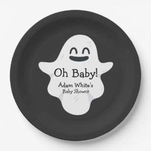 Black & White Oh Baby Ghost Halloween Baby Shower Paper Plate
